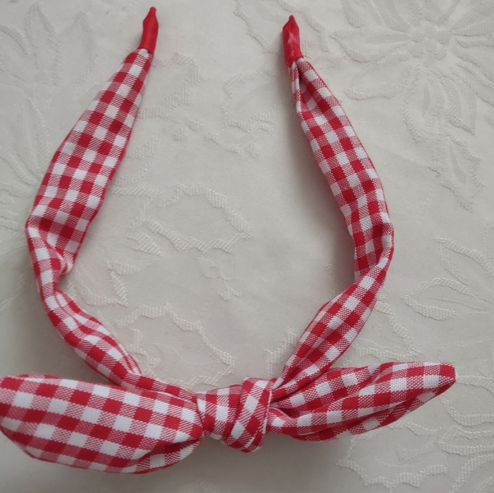 Red White Bow Ghingham Check Headband